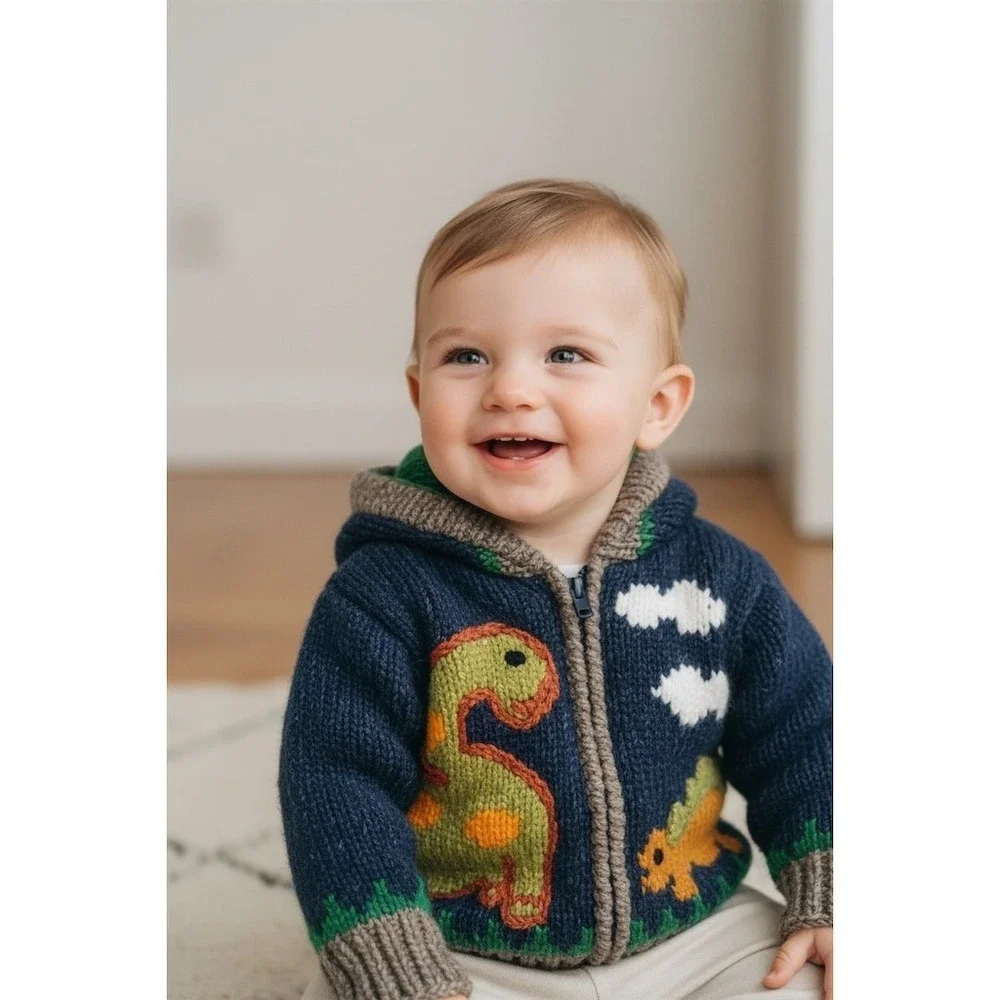 ECC Unisex‎ Kids Hooded Full Zip Knit Sweater Jacket Dinosaur Graphic M 3-D wool